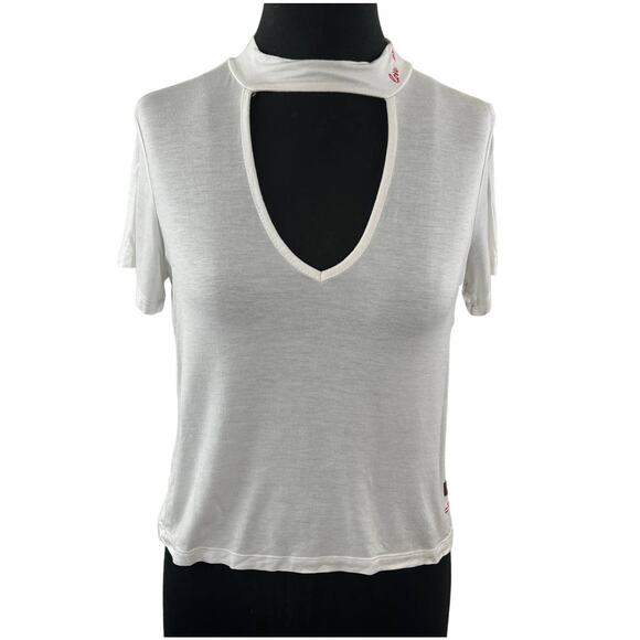 Peace Love World LOVE ME White XS Choker Cut Out Top Ribbed V-Neck Short Sleeve - Picture 1 of 7